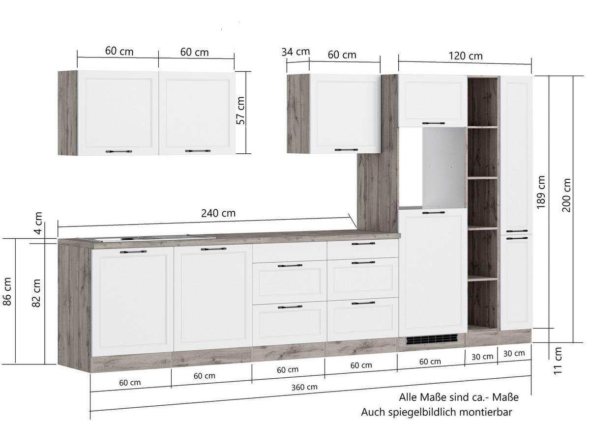 Küchenzeile Meran mit Geräten ca. 360 cm Weiß/Eiche Dekor - Eiche Wotan/Schwarz, LIFESTYLE, Holzwerkstoff/Metall (360cm) - Held
