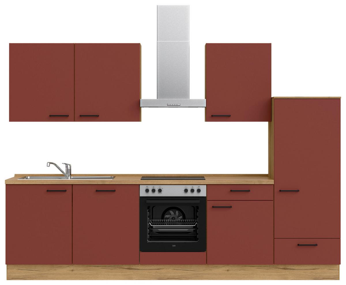 Küchenblock Easytouch Low m. Geräten Dunkelrot - Eichefarben/Schwarz, MODERN, Holzwerkstoff/Metall (300cm) - Nobilia