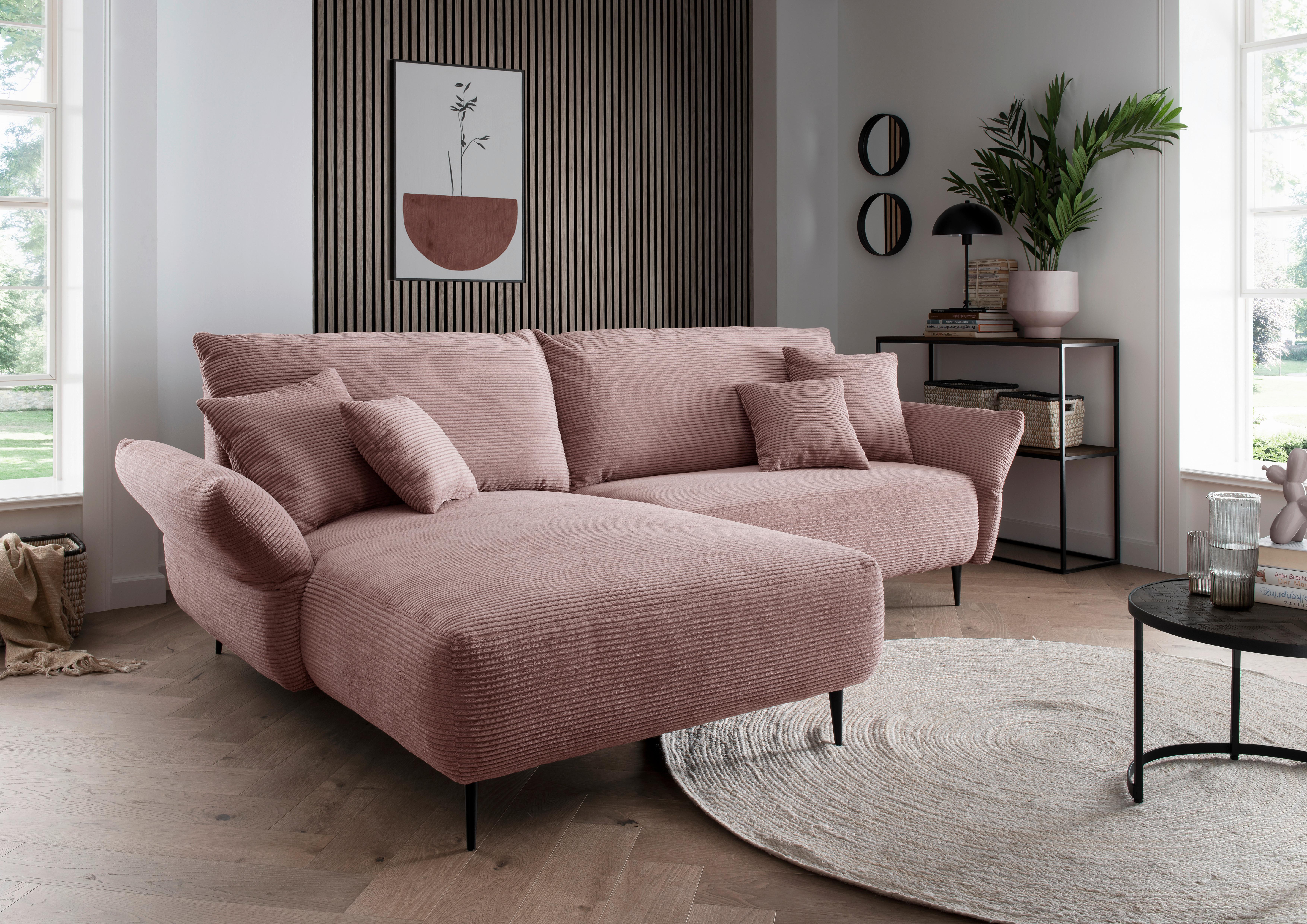 Wohnlandschaft Vanilla Rosa Cord - Schwarz/Rosa, Design, Textil/Metall (178/264-302cm) - Livetastic