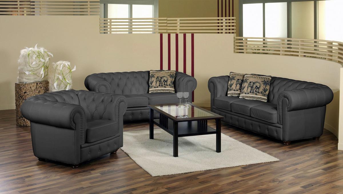 CHESTERFIELD-SOFA BRIDGEPORT - Nussbaumfarben/Schwarz, Design, Leder/Holz (200/76/98cm) - Max Winzer