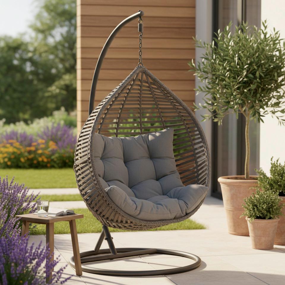 Fotoliu suspendat Nancy - gri închis/negru, Modern, plastic/metal (105/196/120cm) - Bessagi Garden