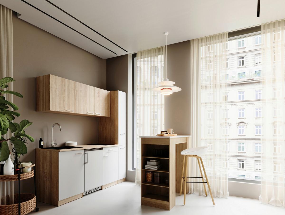Küchenblock Ingrid m. Geräten Weiß - Eichefarben/Alufarben, Design, Holzwerkstoff/Kunststoff (180cm) - Respekta