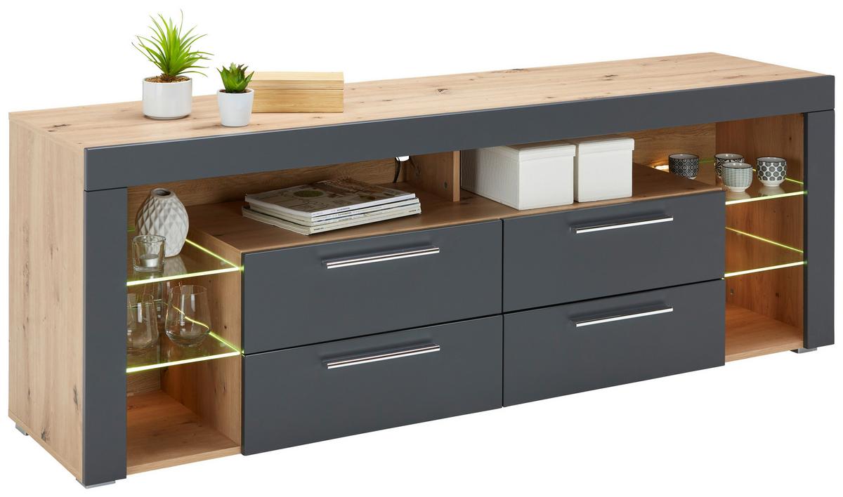 Comodă joasă GOAL 10 - culoare lemn stejar/gri, Modern (179/66/44cm) - Modern Living