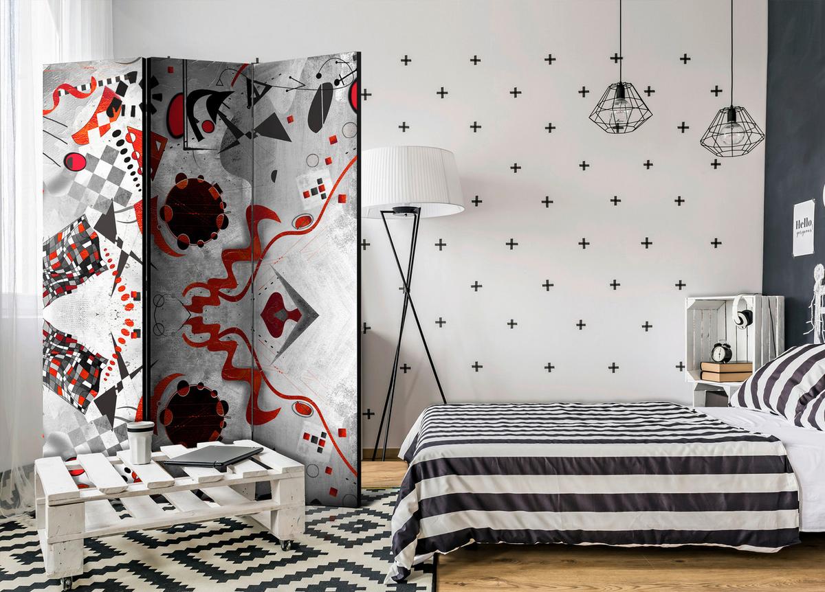 Paravan Geometric Cosmos, 3-Delni, Dvostranski - rdeča/siva, Basics, tekstil/les (135/172/3cm) - artgeist