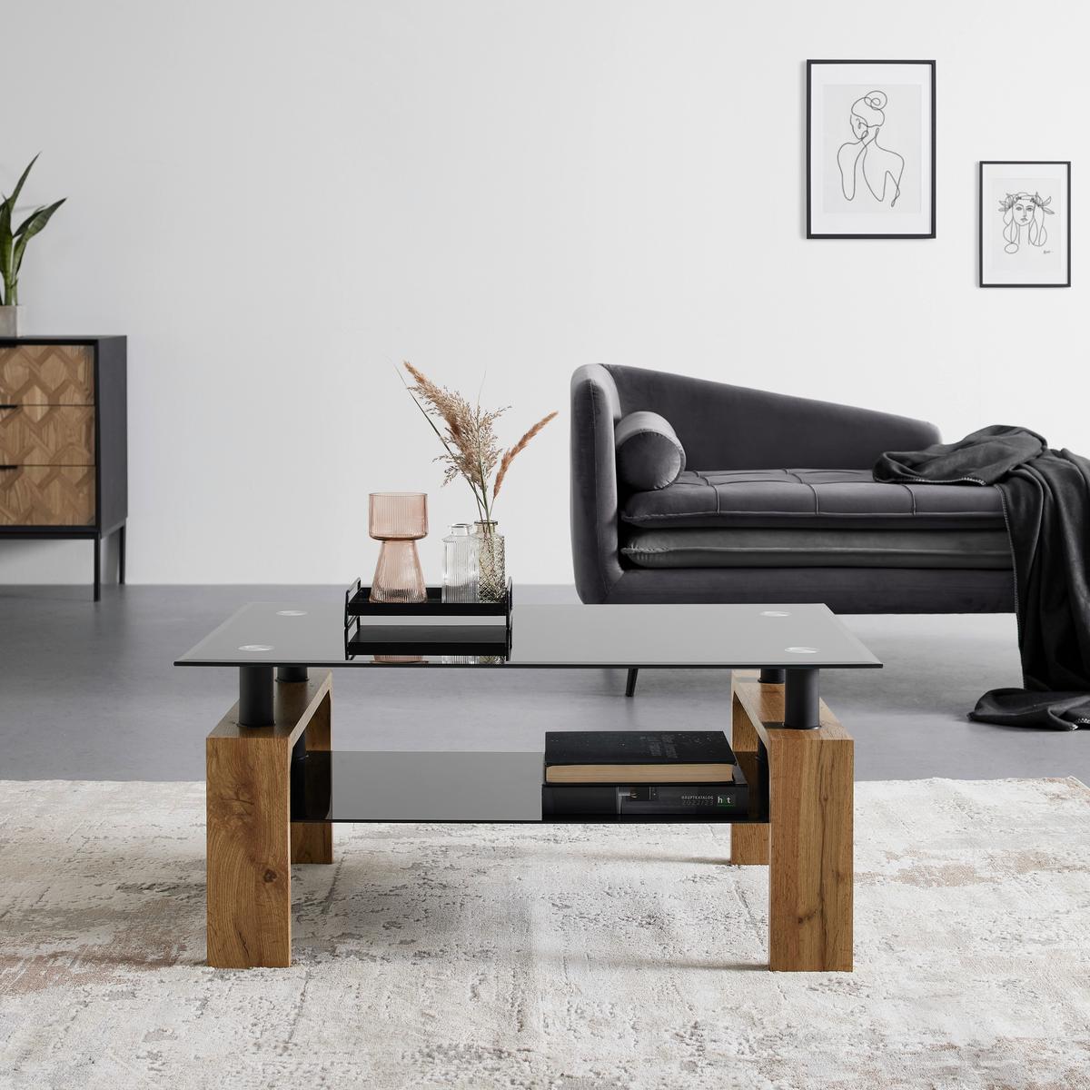 Couchtisch Intro Schwarz/Eichefarben - Eichefarben/Schwarz, MODERN, Glas/Holzwerkstoff (100/60/45cm) - Mömax