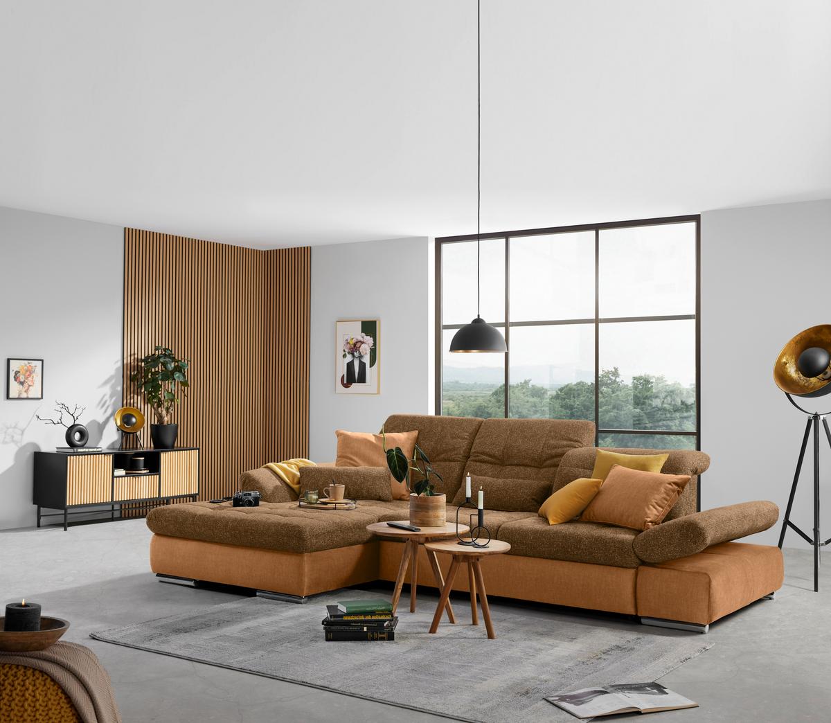 Wohnlandschaft Sanfino Cognac/Senfgelb - Chromfarben/Cognac, KONVENTIONELL, Holz/Textil (199/79-96/305cm) - Premium Living