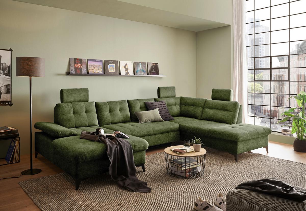 Wohnlandschaft Durban U ca. 170x324x218 cm Olivgrün - Schwarz/Olivgrün, KONVENTIONELL, Kunststoff/Textil (170/324/218cm) - MID.YOU