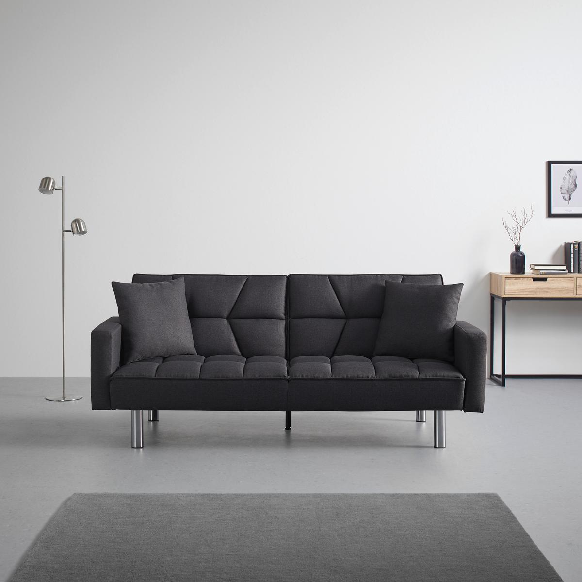 Schlafsofa in dunkel- grau inkl. 2 Kissen "David" - Chromfarben/Dunkelgrau, Modern, Holz/Textil (196/83/89cm) - Bessagi Home