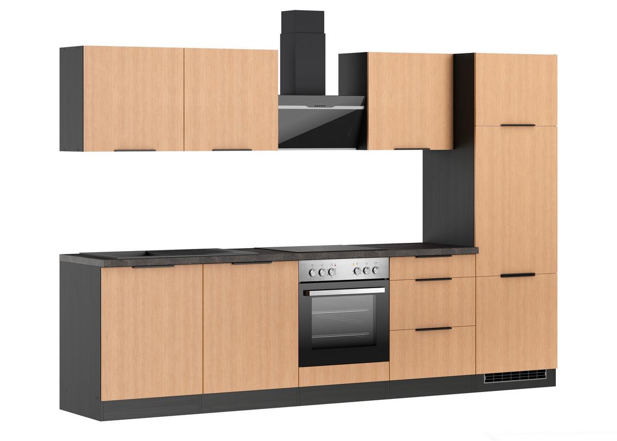 Küchenblock Glasgow m. Geräten Eiche/Graphit - Eichefarben/Graphitfarben, LIFESTYLE, Holzwerkstoff/Metall (300cm) - Held
