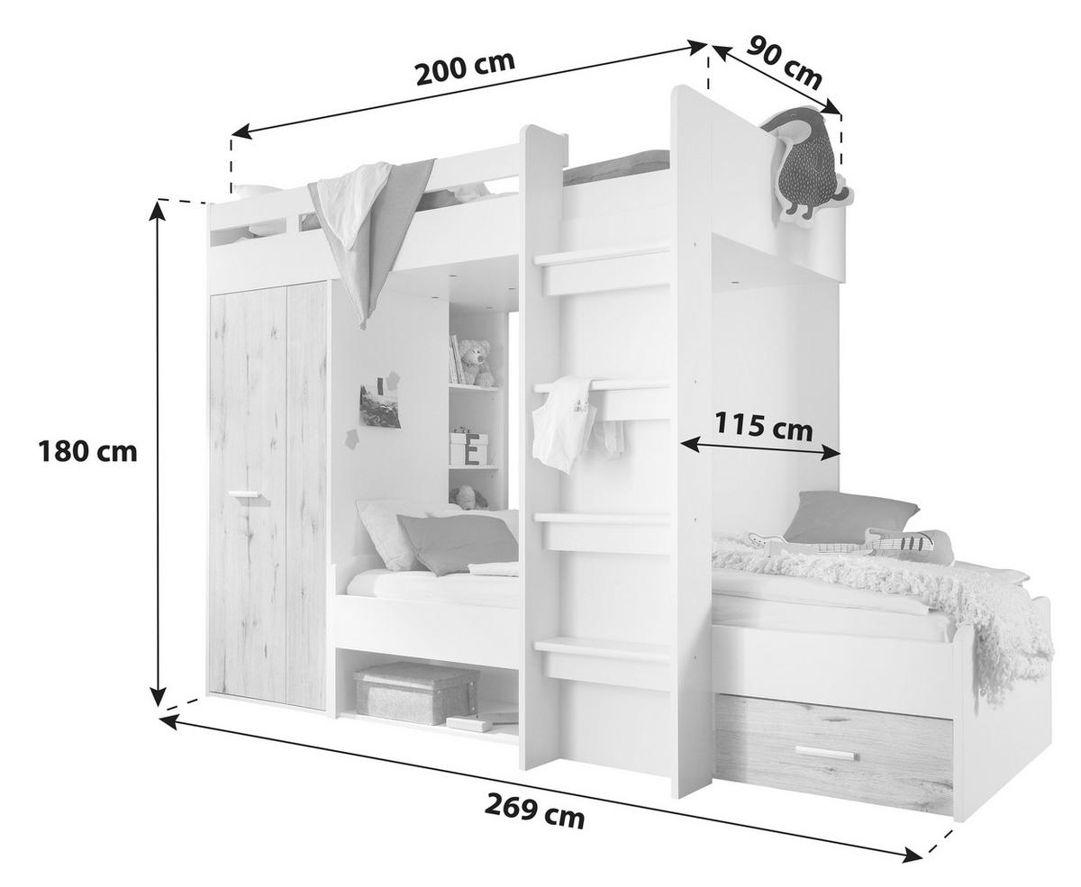 Pograd Maxi, Bela, Barva Hrasta, 2 X 90x200 - barve hrasta/bela, Konvencionalno, leseni material (90/200cm) - MID.YOU