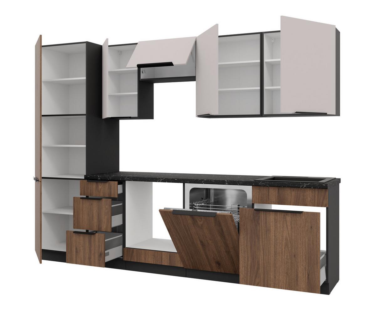Bucatarie fara electrocasnice MONZA/ARONA - cașmir/culoare lemn de nuc, Modern, material pe bază de lemn (280/210/60cm) - Modern Living