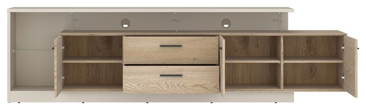 Comodă TV LAGOON - cașmir/culoare lemn stejar, Modern, sticlă/material pe bază de lemn (236,4/65,5/40cm) - Modern Living