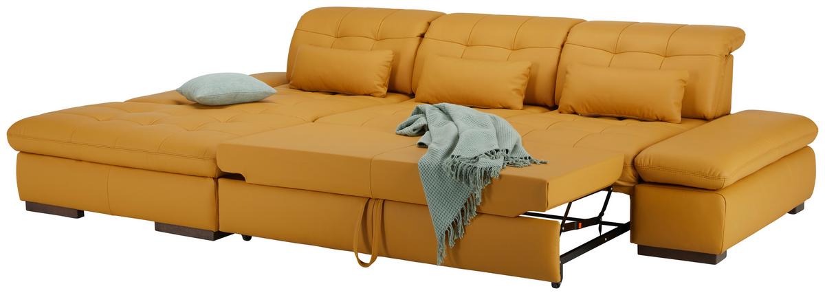 Wohnlandschaft Sanfino Leder Currygelb - Currygelb/Chromfarben, KONVENTIONELL, Leder/Metall (199/79-96/305cm) - Premium Living