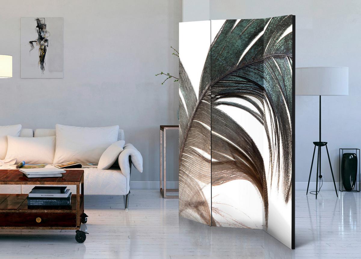 Paravan Beautiful Feather, Akustičen, 3-Delni - ekru/metino zelena, Basics, umetna masa/tekstil (135/172/3cm) - artgeist