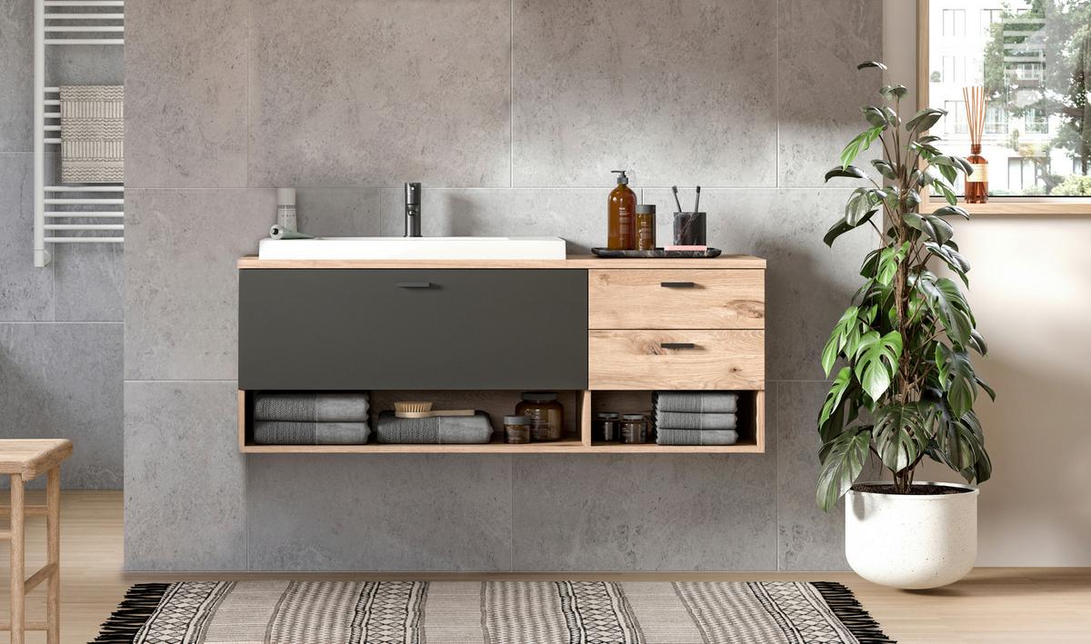 Waschtischkombi Grado ca. 140 cm Eiche/Grau - Eichefarben/Weiß, MODERN, Holzwerkstoff/Kunststoff (140cm) - MID.YOU
