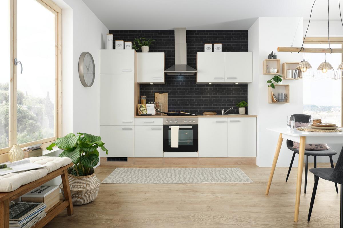 Küchenblock Lexa ohne Geräte Weiß/Eichefarben - Eichefarben/Alufarben, MODERN, Holzwerkstoff/Kunststoff (270cm) - Based