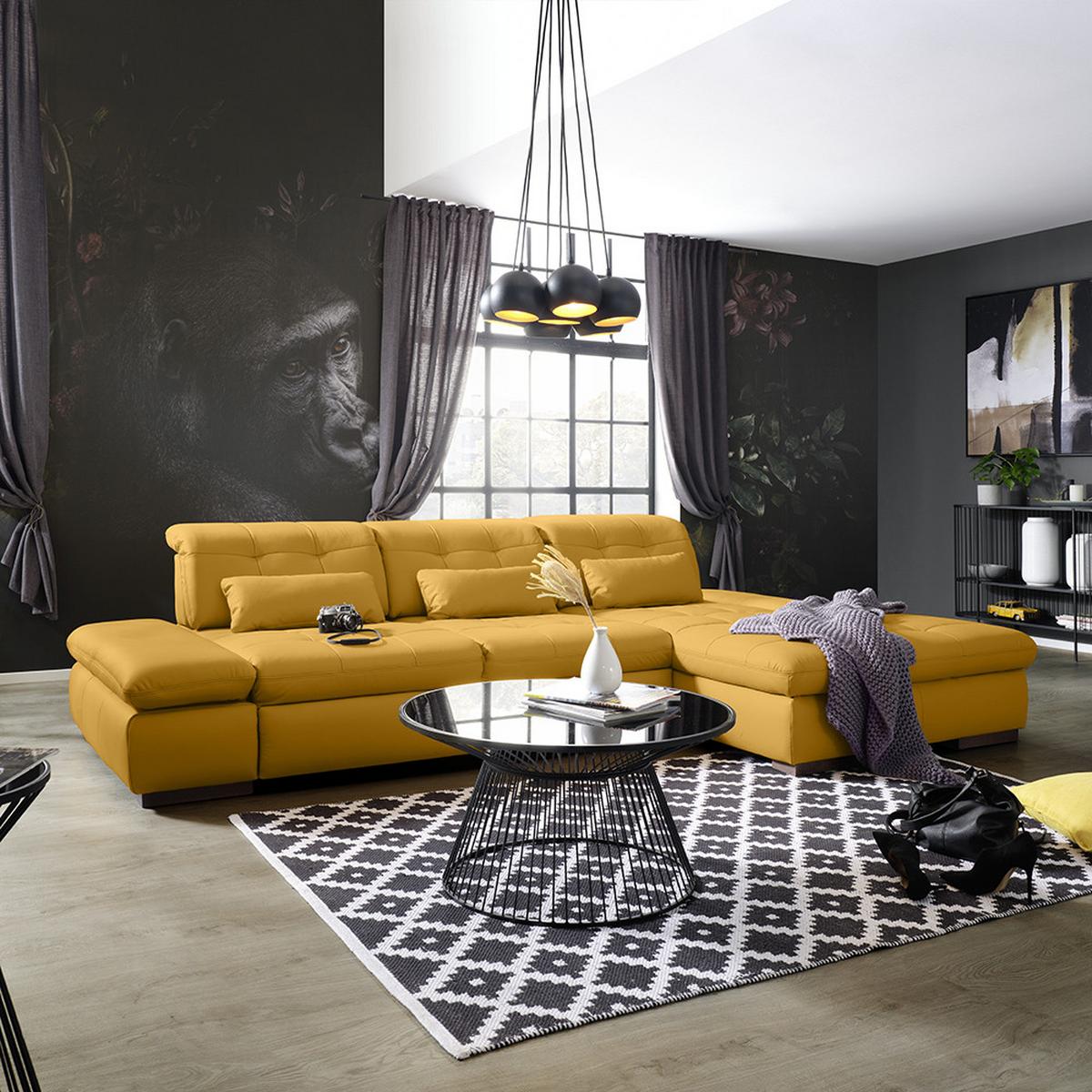 Wohnlandschaft Sanfino Leder Gelb - Chromfarben/Gelb, KONVENTIONELL, Leder/Metall (305/79-96/199cm) - Premium Living