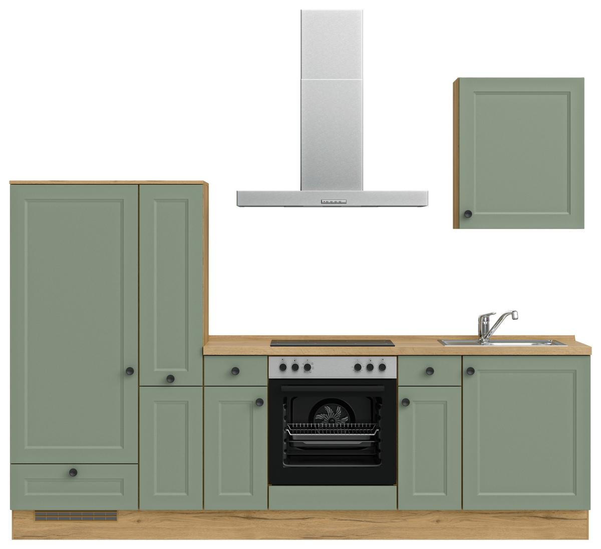 Küchenblock Cascada Low m. Geräten Schilfgrün - Schilfgrün/Eichefarben, MODERN, Holzwerkstoff/Metall (270cm) - Nobilia