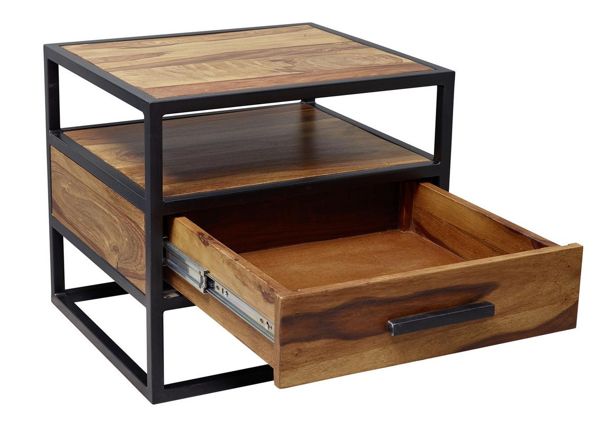 Nachtkästchen "WL5.624", aus Sheesham - Sheeshamfarben/Schwarz, MODERN, Holz/Metall (50/45/45cm) - MID.YOU