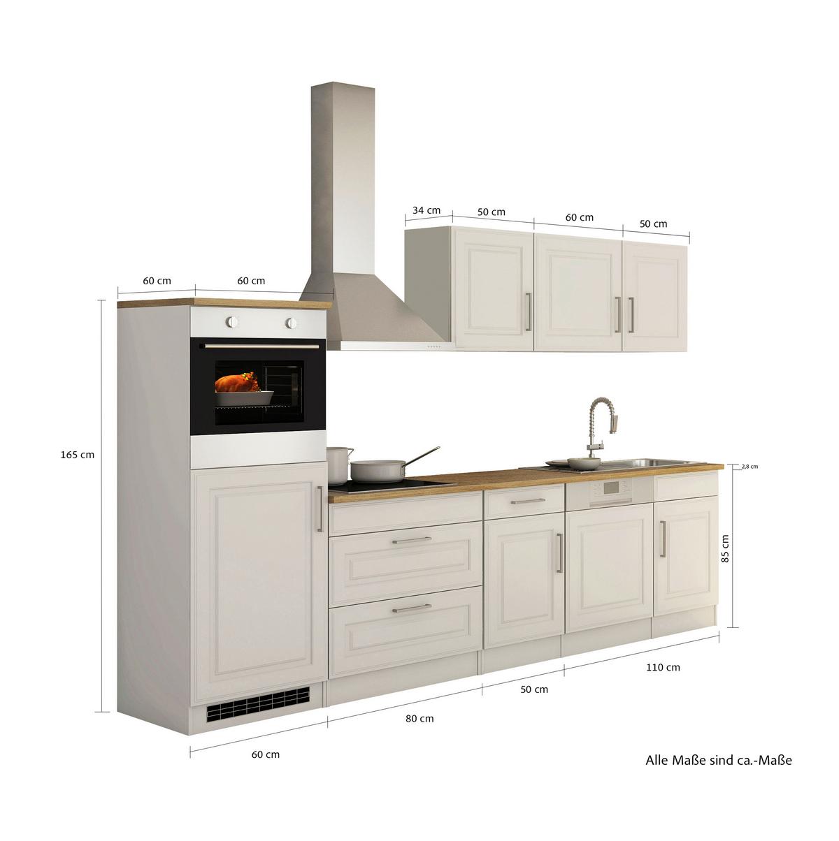 Küchenblock Rom m. Geräten Weiß/Eichefarben - Alufarben/Weiß, MODERN, Holzwerkstoff/Metall (300cm) - Held