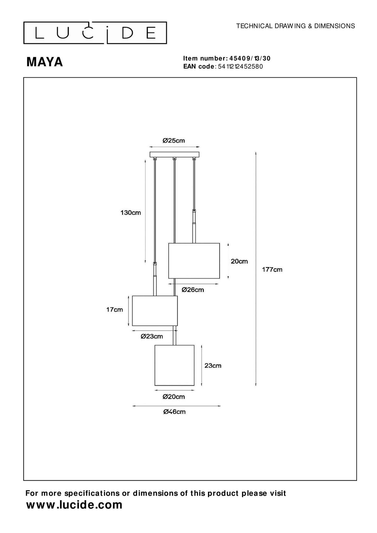 LAMPA WISZĄCA 45409/13/30 MAYA - Lifestyle, tkanina (46/46/177cm) - Lucide