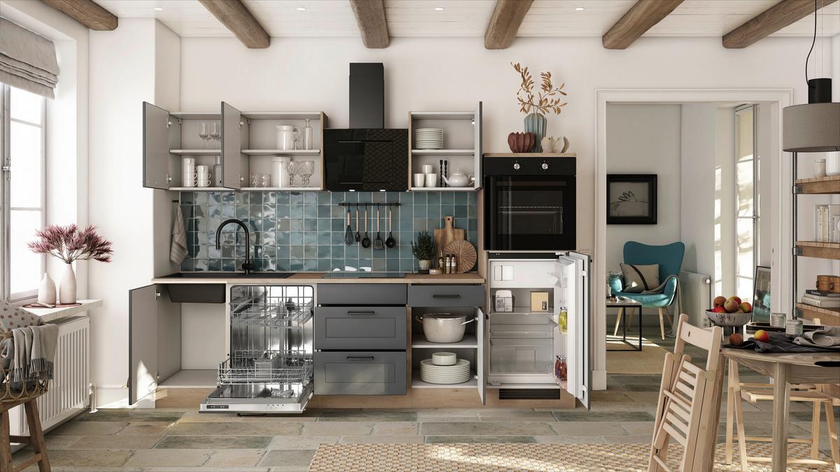 Kuhinjski Blok Brez Aparatov Romeo, Antracit, Barva Hrasta - črna/barve hrasta, Basics, kovina/leseni material (280cm) - FlexWell