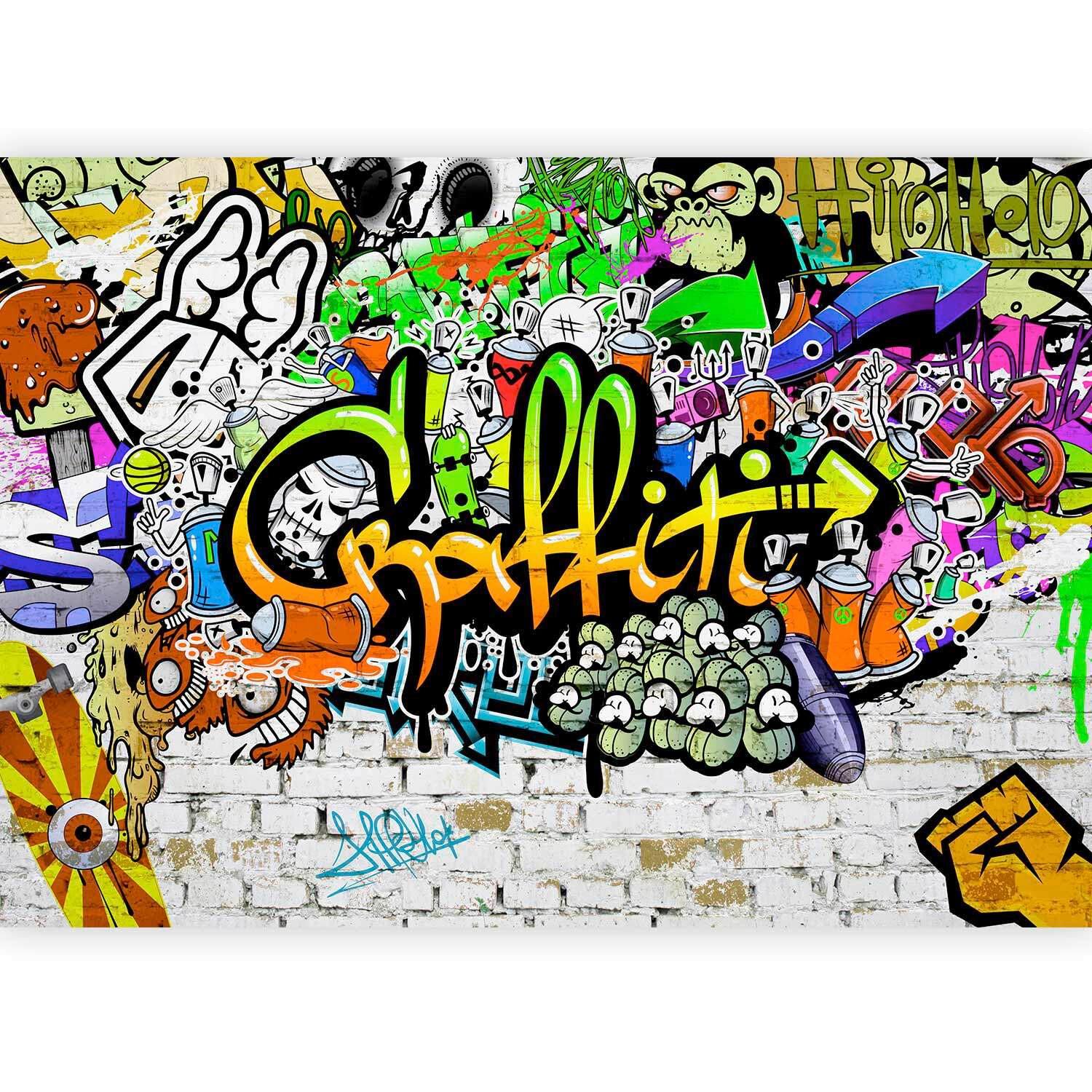 Fototapeta Graffiti On The Wall, 250x175cm - zelena/oranžna, Trendi, tekstil (250/175cm) - artgeist