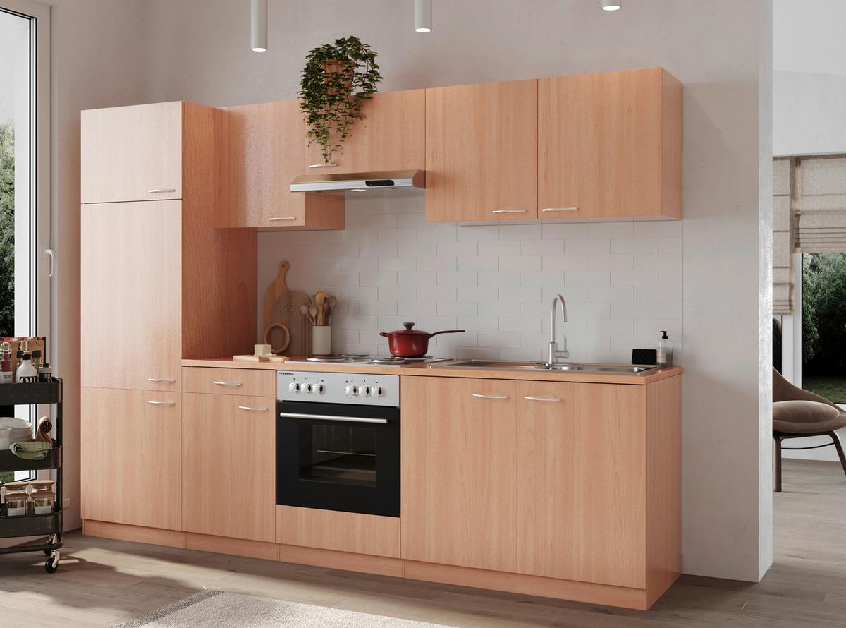 Küchenblock Gerda mit Geräten ca. 270 cm Buchefarben - Buchefarben/Alufarben, Basics, Holzwerkstoff/Kunststoff (270cm) - Respekta