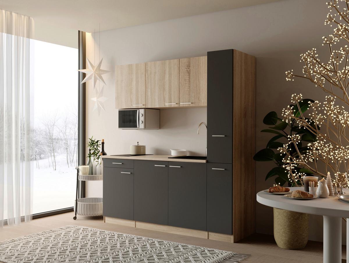 Küchenblock Ingrid m. Geräten Grau - Eichefarben/Alufarben, Design, Holzwerkstoff/Kunststoff (180cm) - Respekta