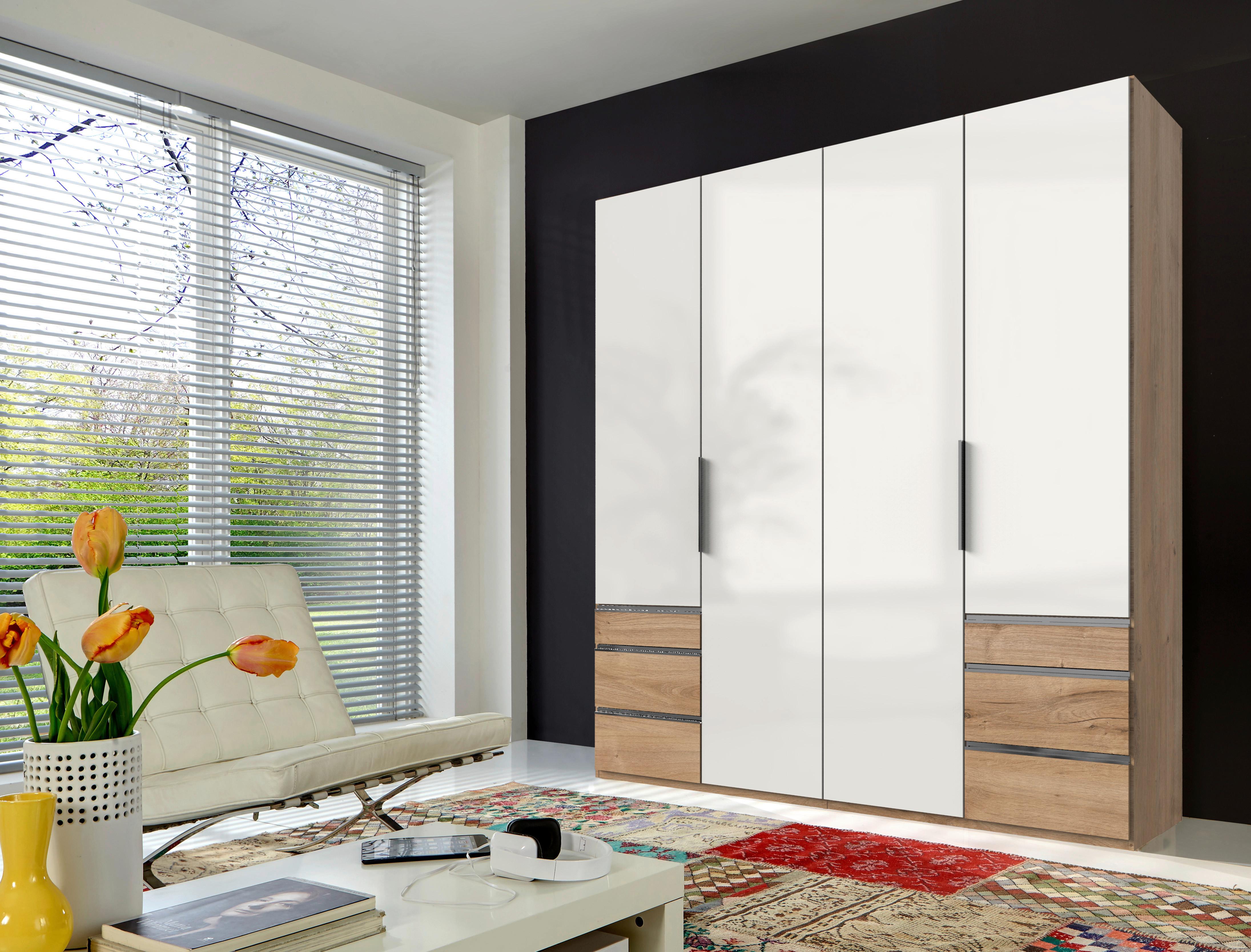 Drehtürenschrank Level 36D mit Laden ca. 200 cm Weiß/Eiche - Chromfarben/Weiß Hochglanz, MODERN, Holzwerkstoff/Metall (200/236/58cm) - MID.YOU