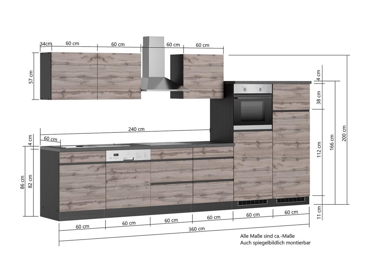Küchenzeile Turin mit Geräten ca. 360 cm Grau/Wotan Eiche - Eiche Wotan/Grau, Design, Holzwerkstoff (360cm) - Held