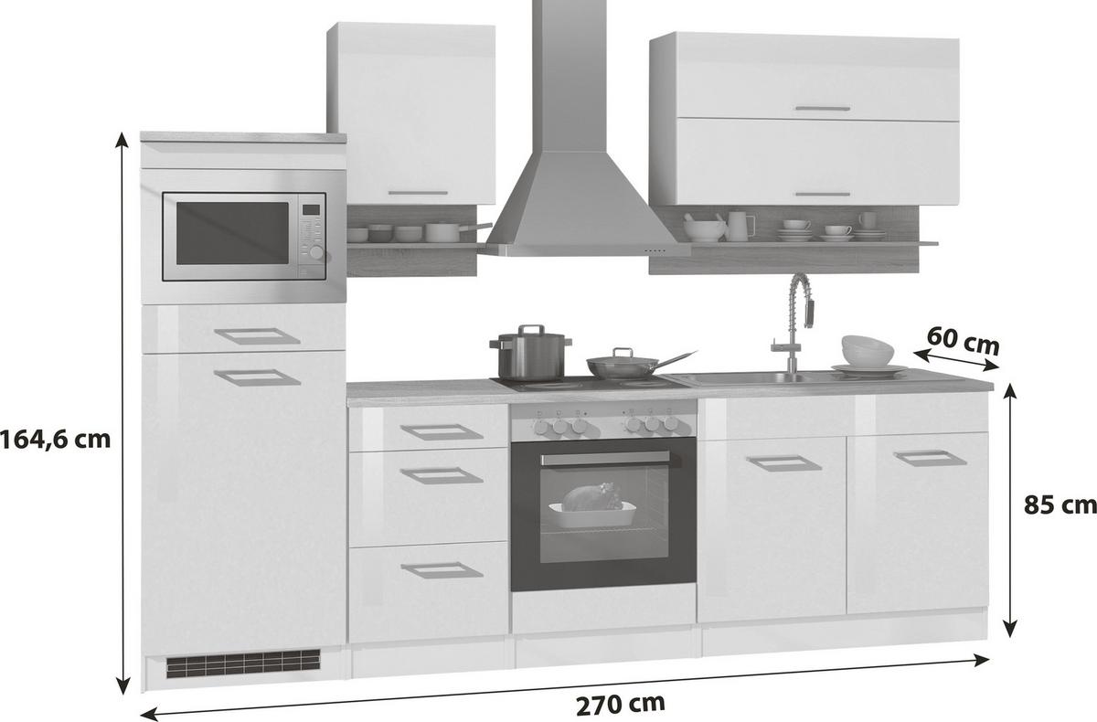 Küchenblock in Weiss inkl. E-Geräte 'Mailand' - Chromfarben/Weiß Hochglanz, MODERN, Holzwerkstoff/Metall (270cm) - Held