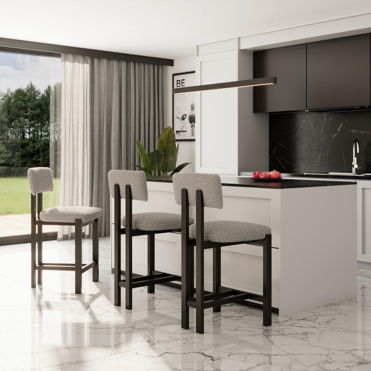 Barhocker Jonna Hellgrau Bouclé Gepolstert - Hellgrau/Schwarz, MODERN, Holz/Textil (51/102/54cm) - Bessagi Home