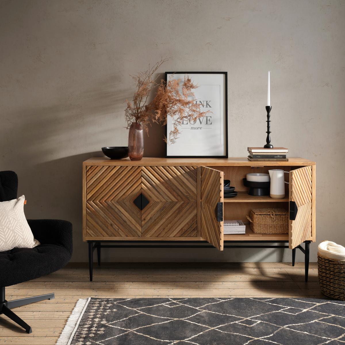 Comodă cu uși GATSBY - negru/maro deschis, Lifestyle, lemn/metal (175/90/45cm) - Premium Living