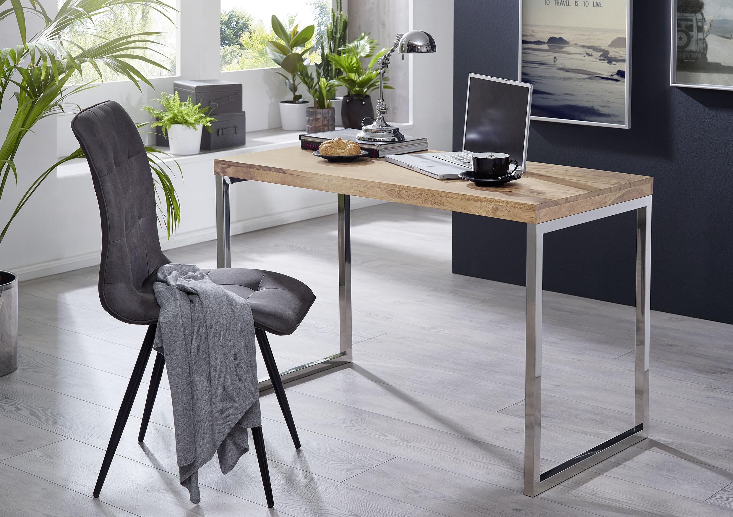 Schreibtisch "Guna", aus Akazie - Chromfarben/Akaziefarben, Design, Holz/Metall (120/60/76cm) - MID.YOU
