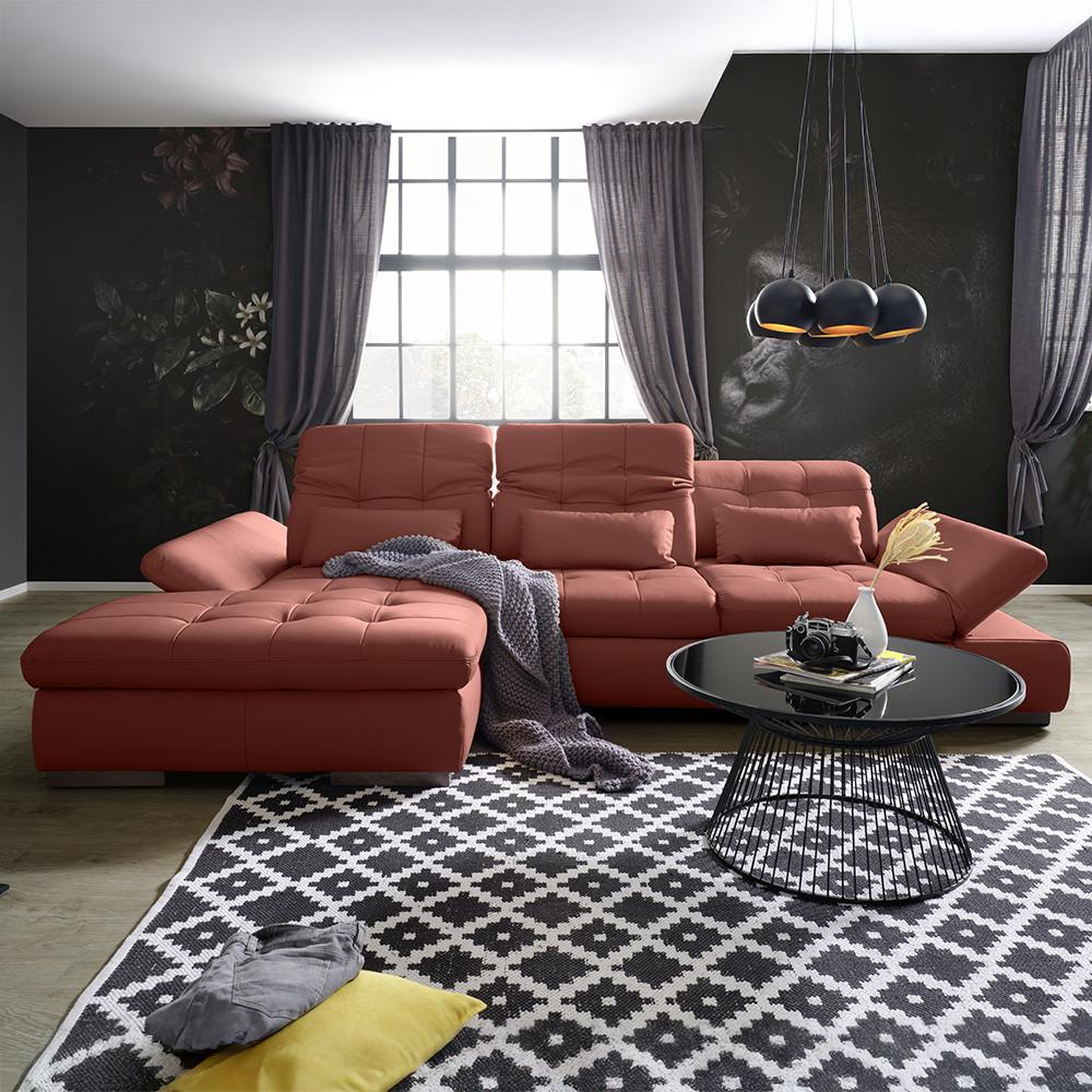 Wohnlandschaft Sanfino Leder Weinrot - Chromfarben/Weinrot, KONVENTIONELL, Leder/Metall (199/79-96/305cm) - Premium Living
