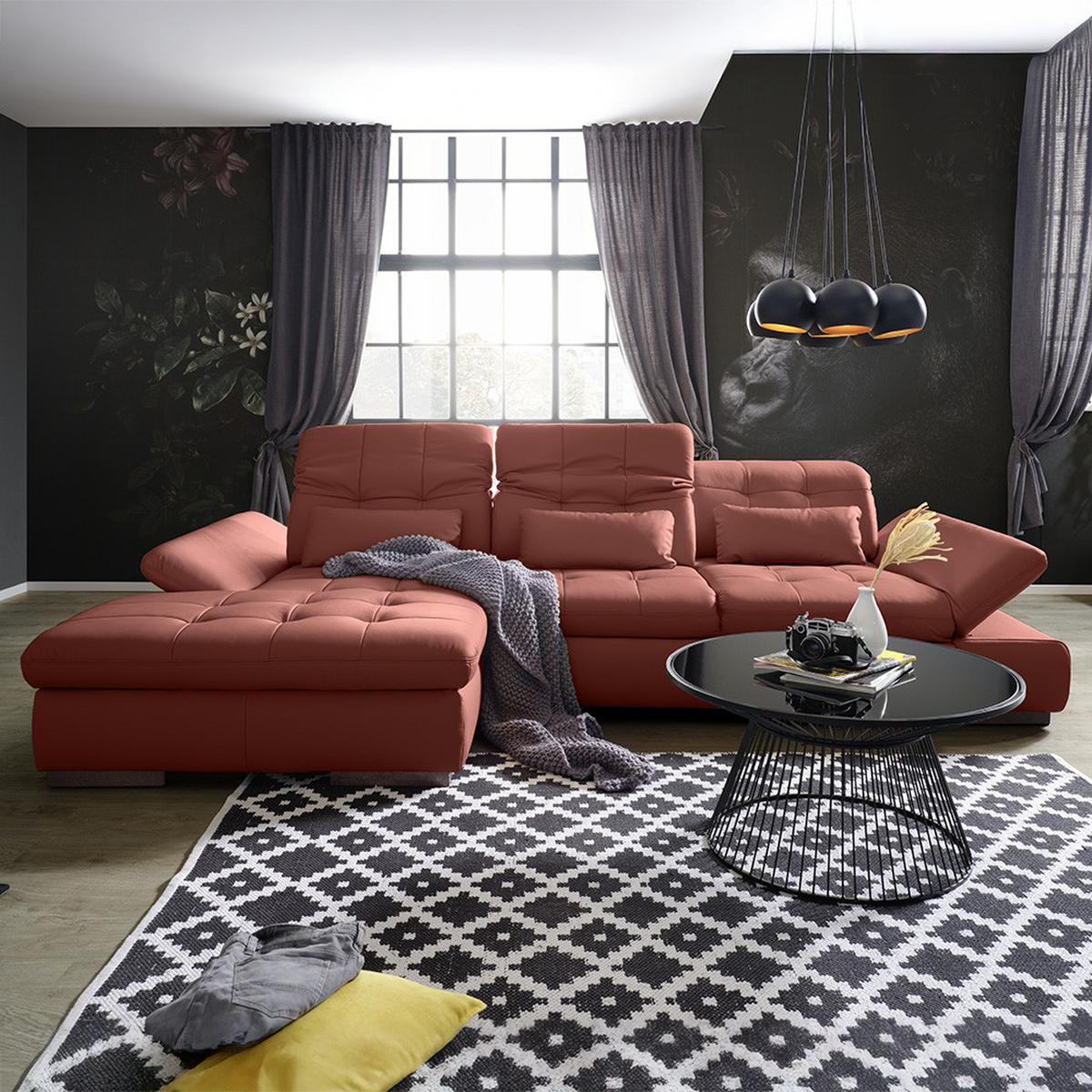 Wohnlandschaft Sanfino Leder Weinrot - Chromfarben/Weinrot, KONVENTIONELL, Leder/Metall (199/79-96/305cm) - Premium Living