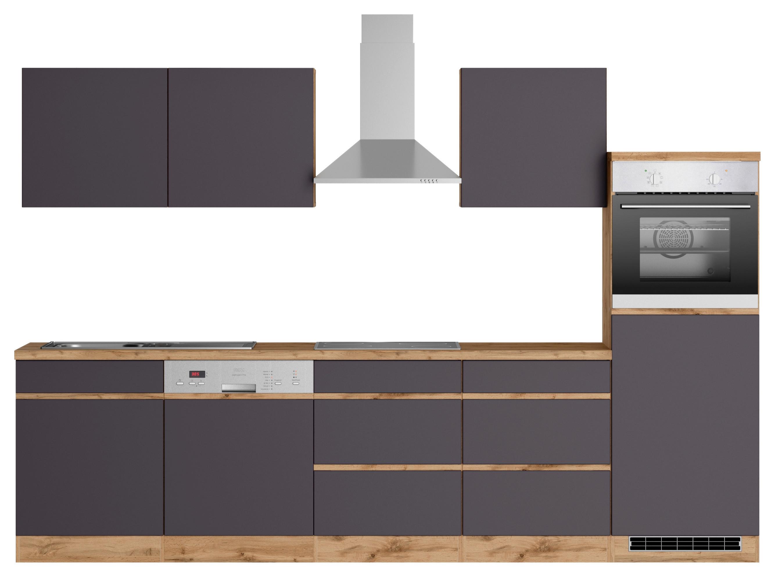 Küchenzeile Turin mit Geräten ca. 300 cm Grau/Wotaneiche - Eiche Wotan/Grau, Design, Holzwerkstoff (300cm) - Held
