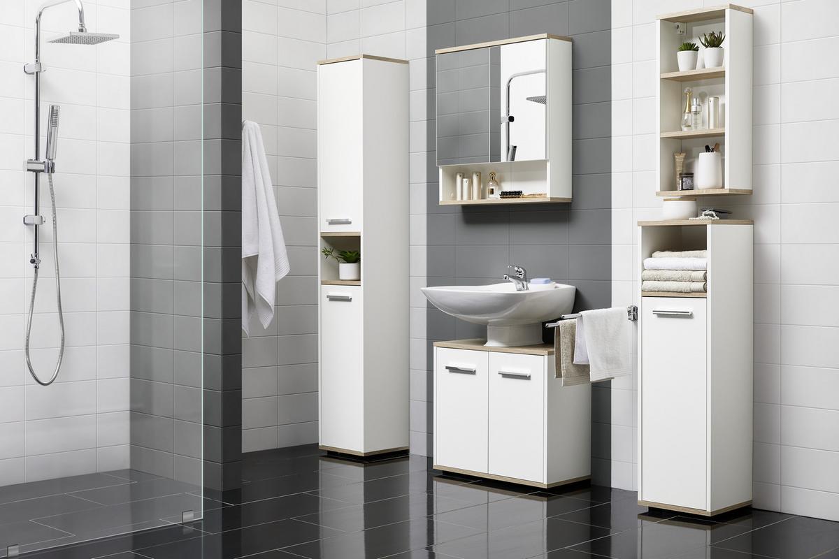SZAFKA Z LUSTREM YASMIN S: 60 CM BIAŁA - kolor dębowy/biały, Basics, materiał drewnopochodny/szkło (60/65/13,9cm) - MID.YOU