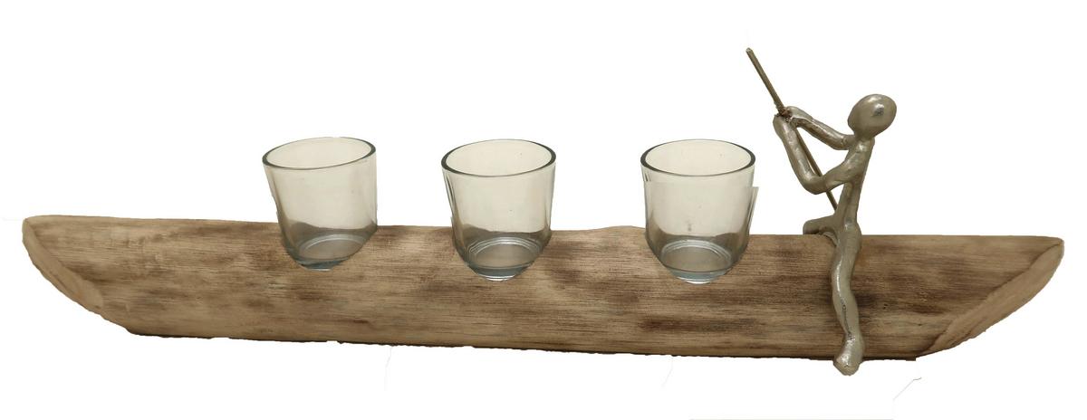 ŚWIECZNIK TEALIGHT FCS-1745-XXX-NAT - kolor srebrny/kolor naturalny, Natur, metal/drewno (55/12/15cm) - Ambia Home