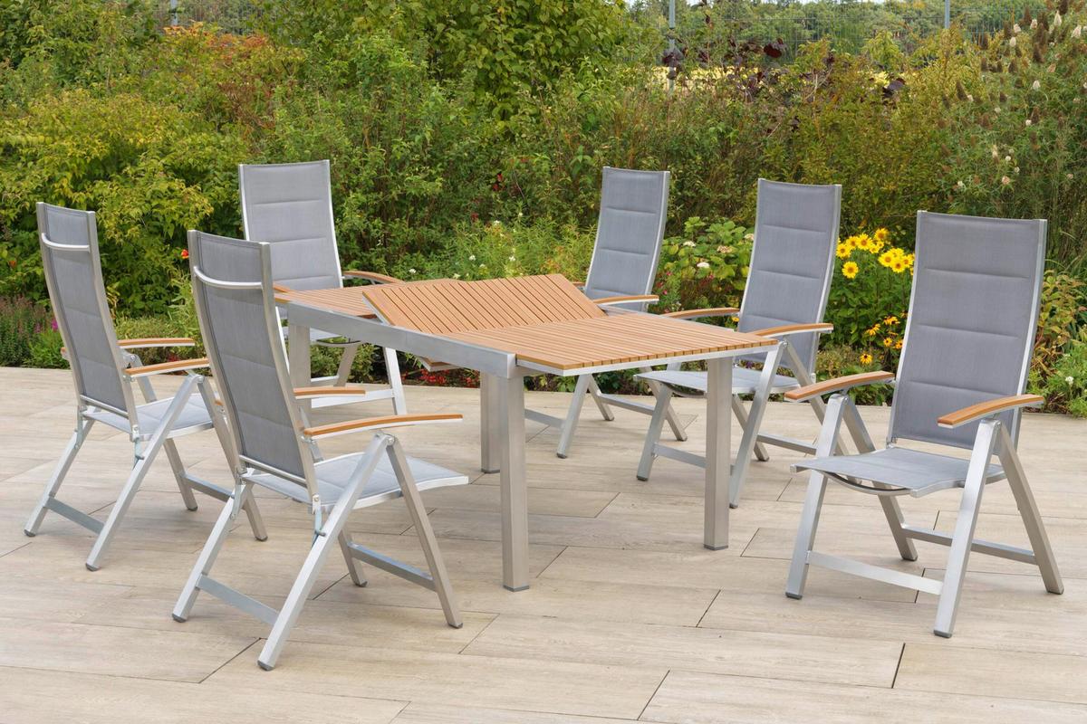 Gartentischgruppe San Remo 7-tlg. Grau/Naturfarben - Silberfarben/Naturfarben, KONVENTIONELL, Kunststoff/Textil - Gardenson