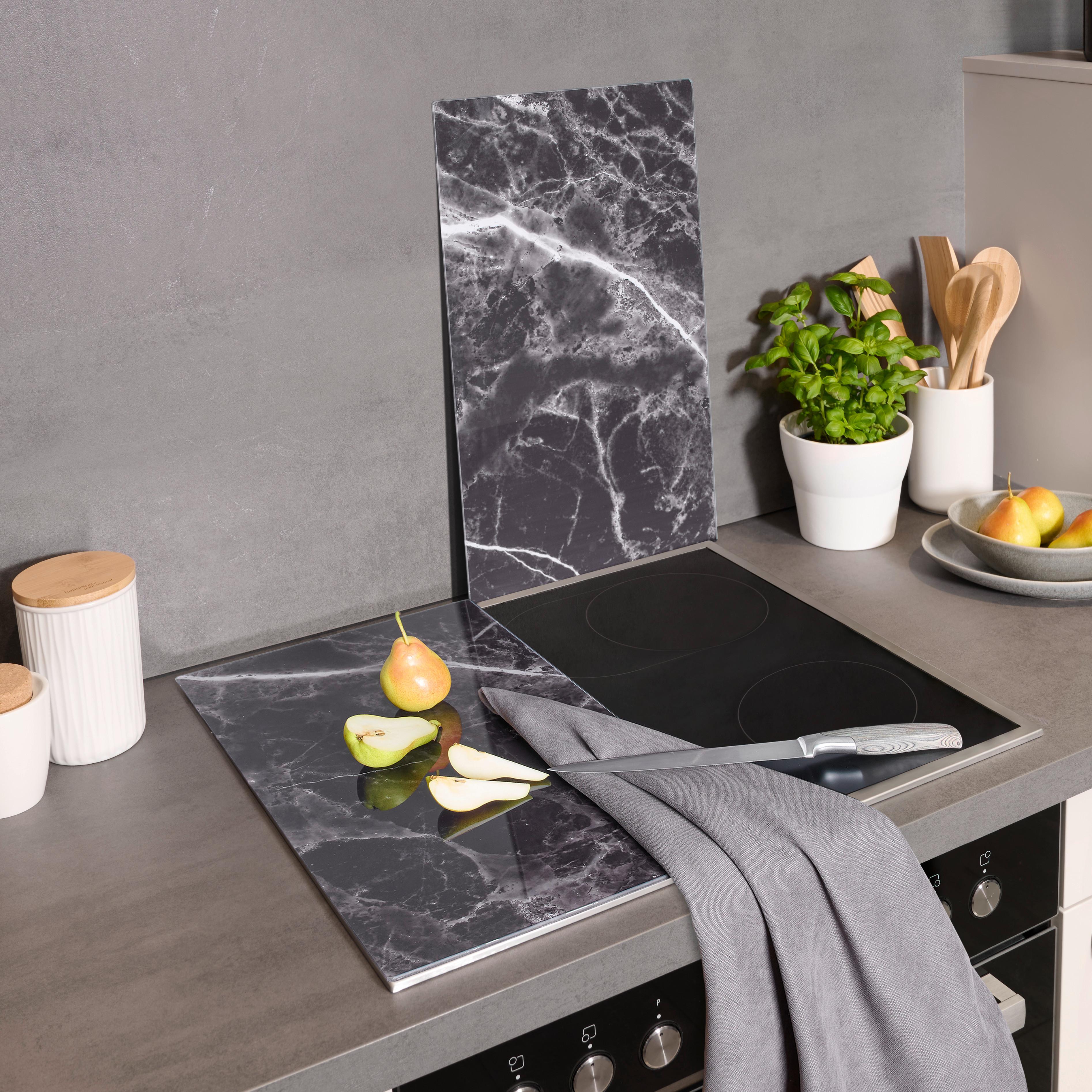 Herdabdeckplatte Marble in Schwarz/Marmor - Schwarz, Modern, Glas (30/52cm) - Premium Living