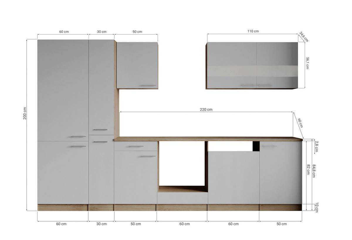 Küchenleerblock Merle o. Geräte Grau - Edelstahlfarben/Eichefarben, Basics, Holzwerkstoff/Metall (310cm) - Respekta