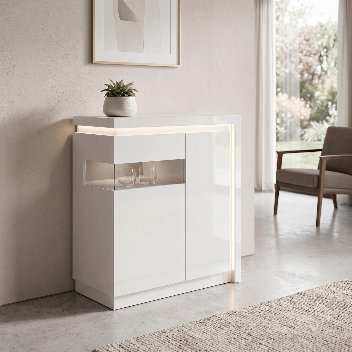 Comodă Înaltă Lyon - alb/alb lucios intens, Trend, sticlă/material pe bază de lemn (107,5/123,6/42cm) - Modern Living