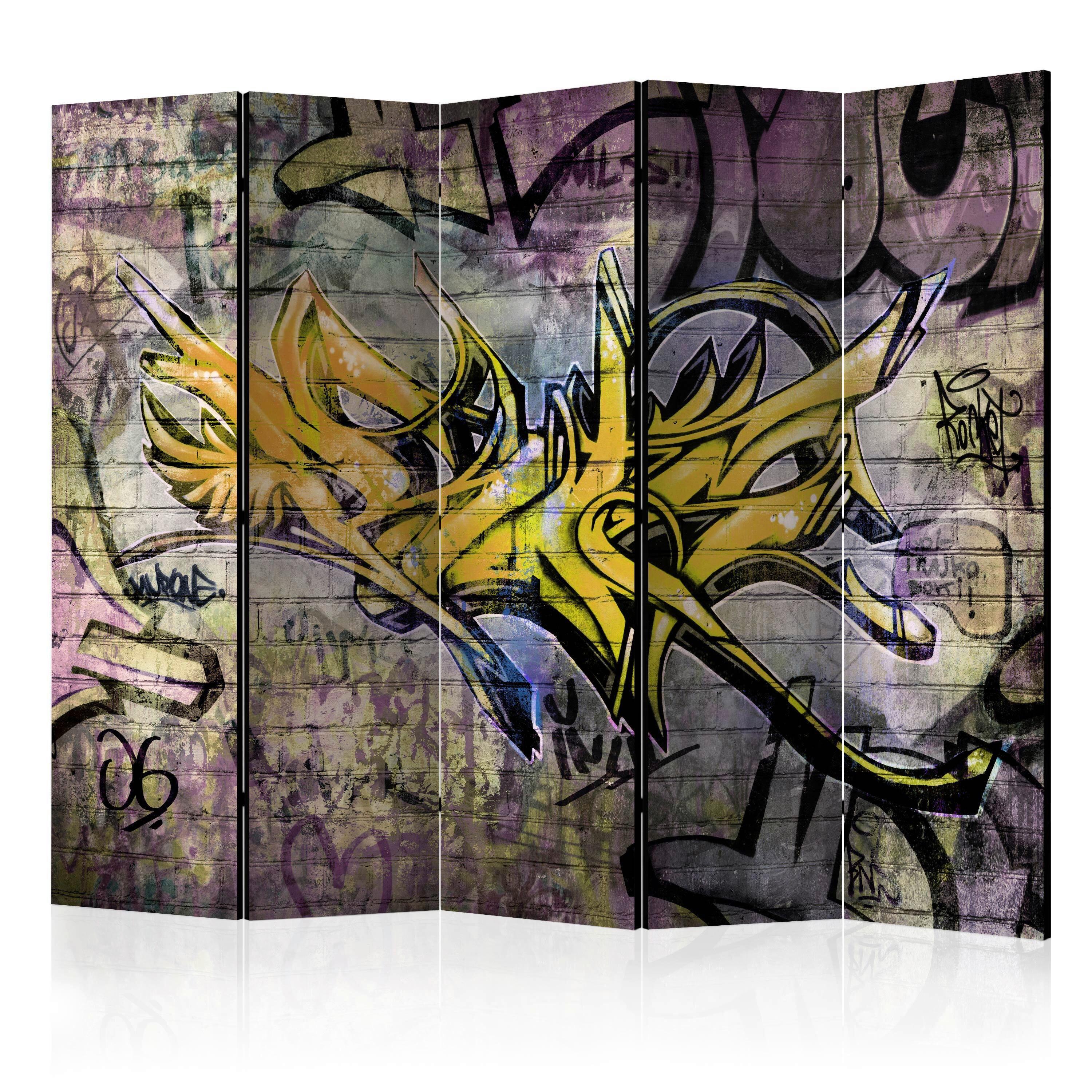 Paravan Stunning Graffiti I, 5-Delni, Dvostranski - lila/rumena, Basics, tekstil/les (225/172/3cm) - artgeist