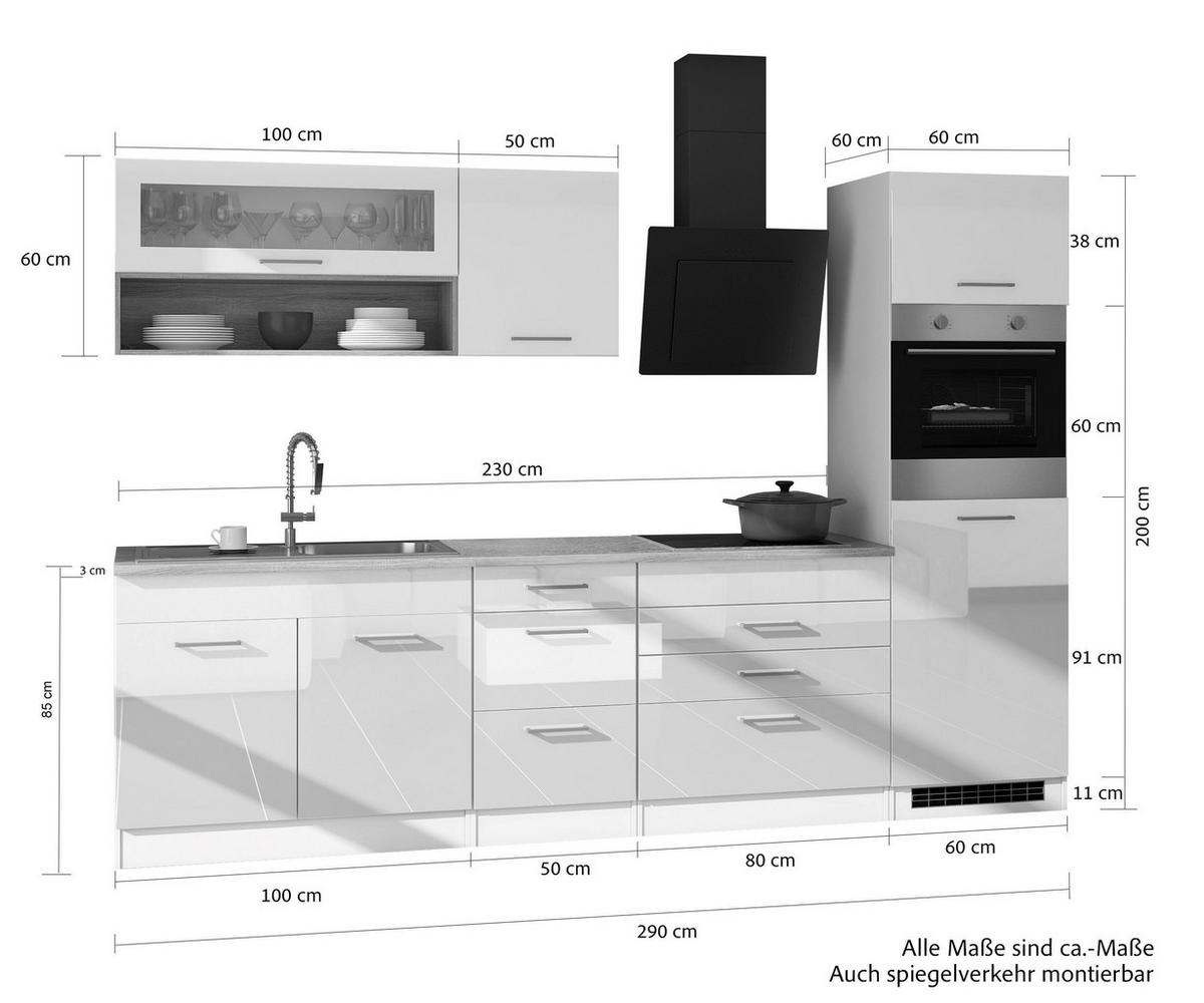 Küchenblock in Anthrazit inkl. E-Geräte 'Mailand' - Chromfarben/Eichefarben, MODERN, Holzwerkstoff/Metall (290cm) - Held