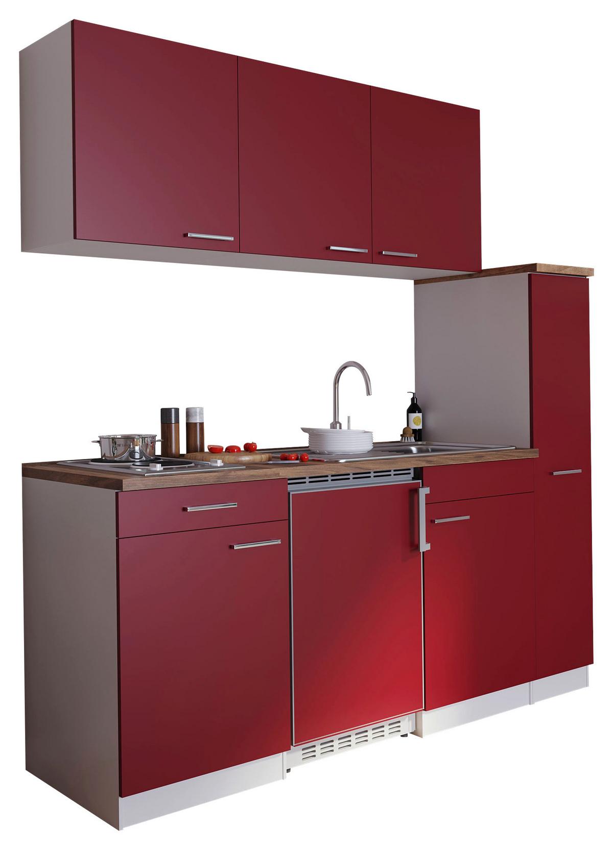 Küchenzeile Economy m. Geräte Rot B: ca. 180 cm - Rot/Nussbaumfarben, Basics, Holzwerkstoff/Kunststoff (180cm) - Respekta