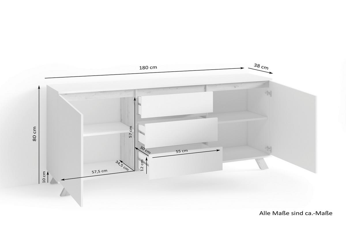 Sideboard Valentin in Weiss - Weiß/Eiche Artisan, MODERN, Holzwerkstoff (180/76/38cm) - MID.YOU