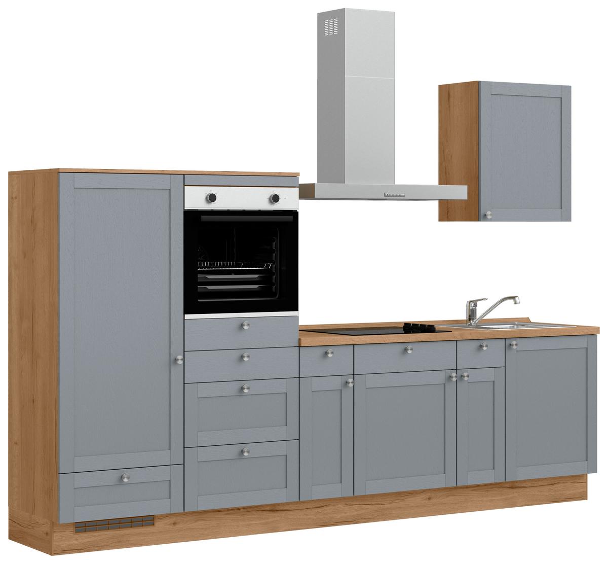Küchenleerblock Frame Low o. Geräte Blaugrau - Edelstahlfarben/Eichefarben, MODERN, Holzwerkstoff/Metall (300cm) - Nobilia
