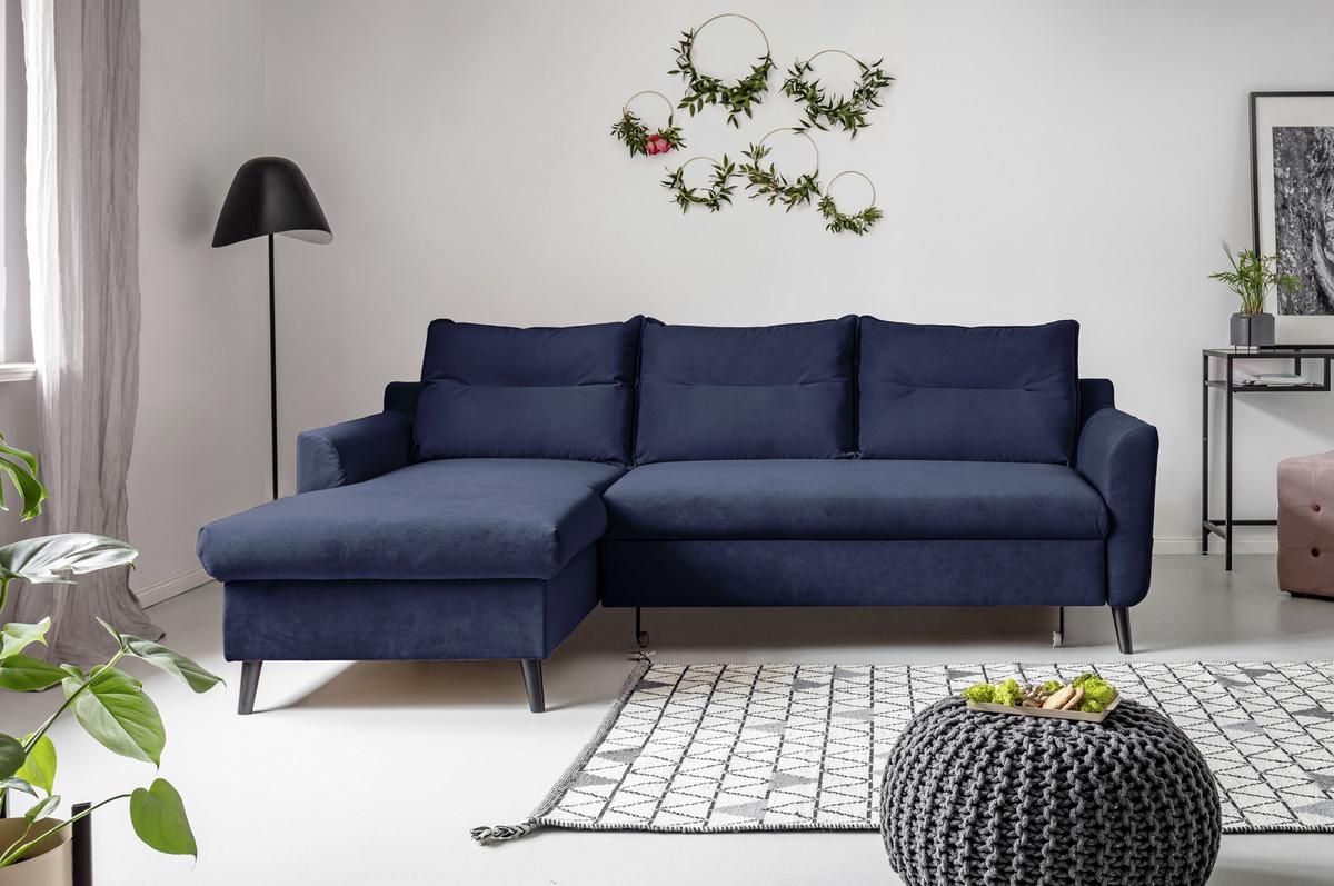 Eckschlafsofa in Dunkelblau ´STYLISH STAN DUNKELBLAU´ - Schwarz/Dunkelblau, Basics, Holz/Textil (150/230cm) - MID.YOU